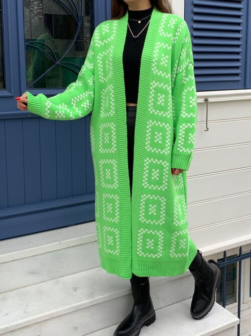 Yeşil Pötikare Desen Oversize Örme Uzun Triko Hırka