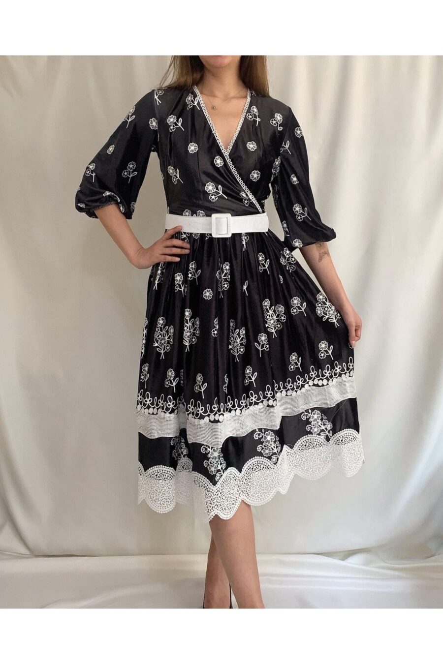 548159517 Kadın Siyah Kadife Kruvaze Dantel Detaylı Midi Boy Abiye Gece Davet Düğün Kına Kışlık Tasarım Elbise