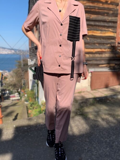 Kadın Pembe Pantolon Gömlek Pamuk Kumaş Büyük Beden Spor İkili Takım