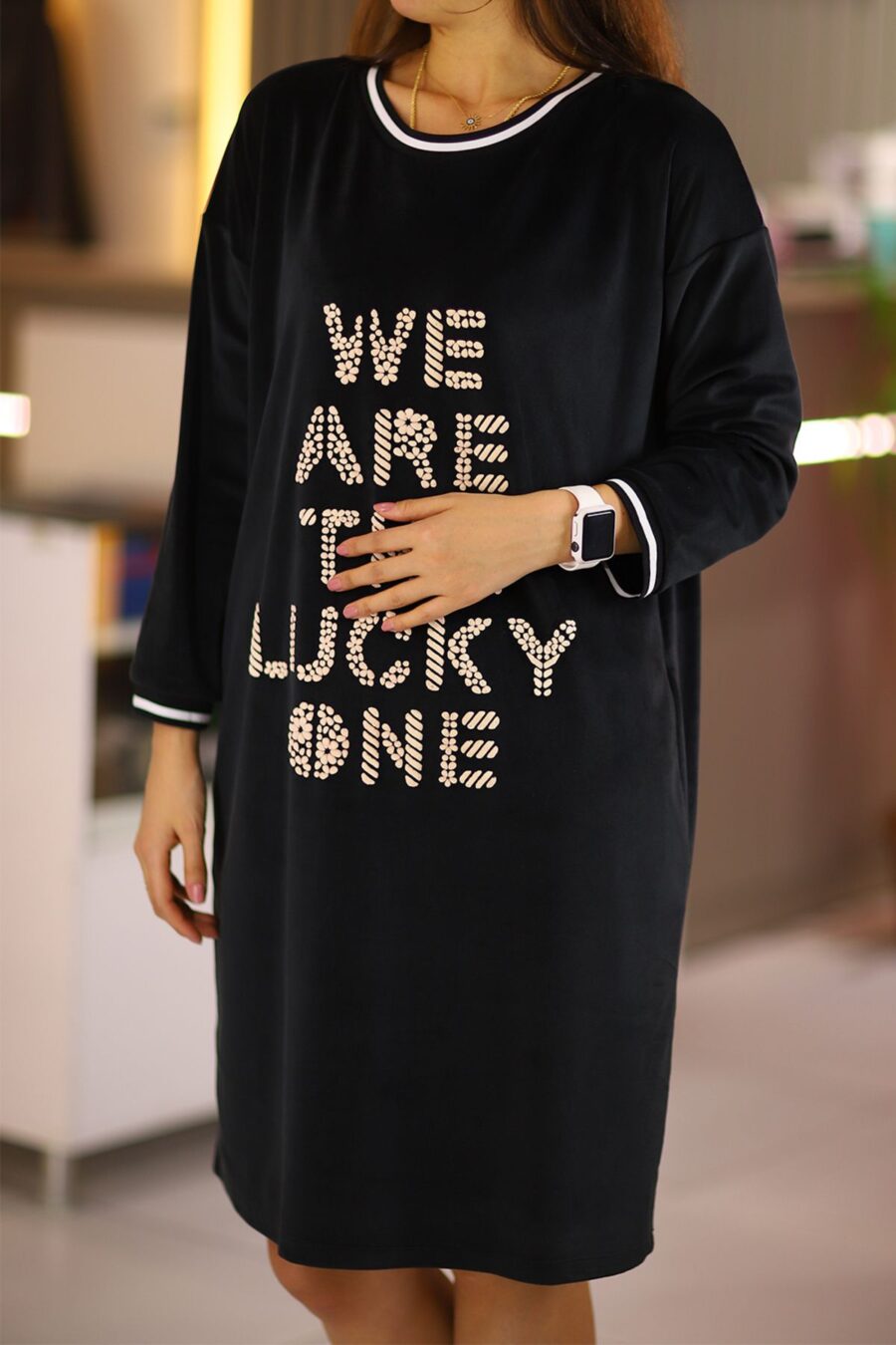 Tgclbse57 Kadın Siyah Midi Boy Kadife Büyük Beden Günlük Spor Elbise