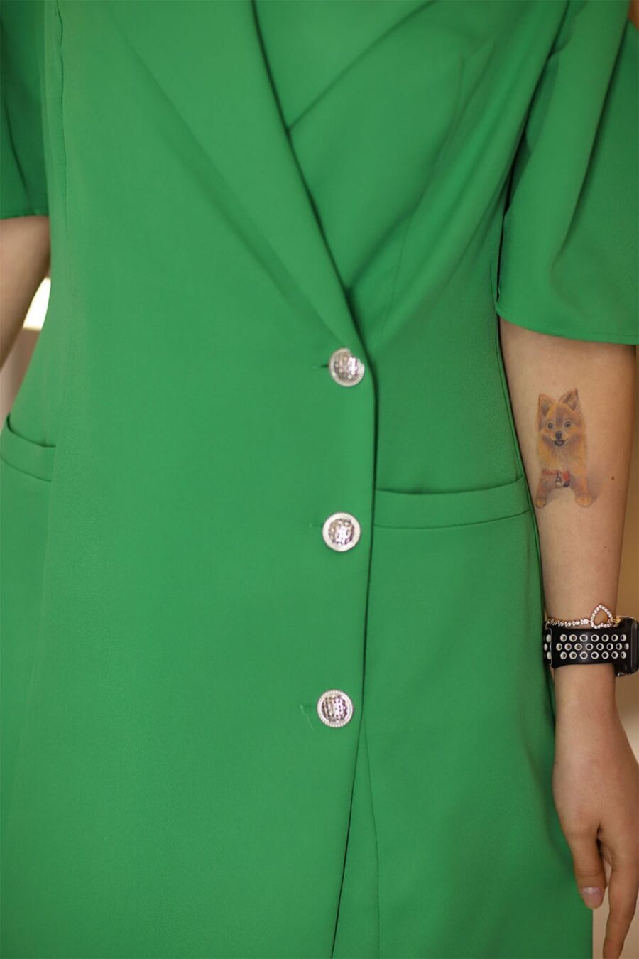 59255015391 Yeşil Diz Boy Omuz Detaylı Yarım Kollu Büyük Beden Klasik Elbise