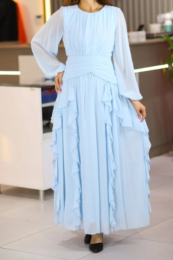 Bebe Mavi Uzun Kol Uzun Boy Fırfırlı Astarlı Şifon Abiye Düğün Nişan Mevlüt Isteme Söz Kloş Elbise