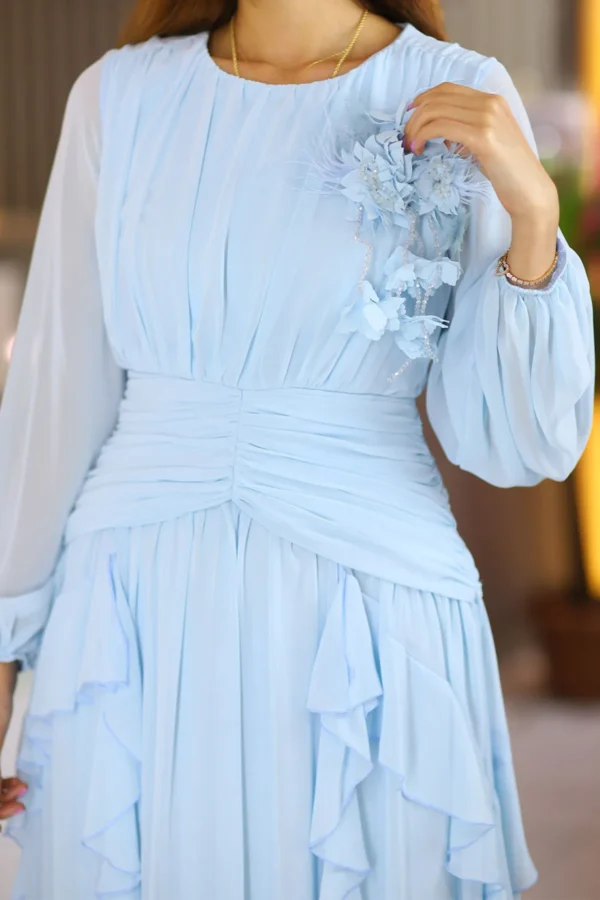 Bebe Mavi Uzun Kol Uzun Boy Fırfırlı Astarlı Şifon Abiye Düğün Nişan Mevlüt Isteme Söz Kloş Elbise