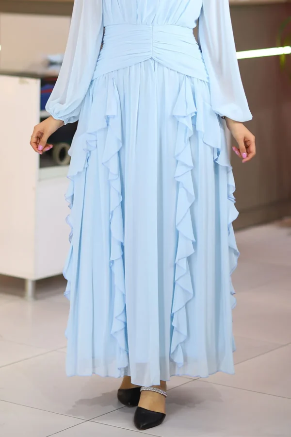 Bebe Mavi Uzun Kol Uzun Boy Fırfırlı Astarlı Şifon Abiye Düğün Nişan Mevlüt Isteme Söz Kloş Elbise