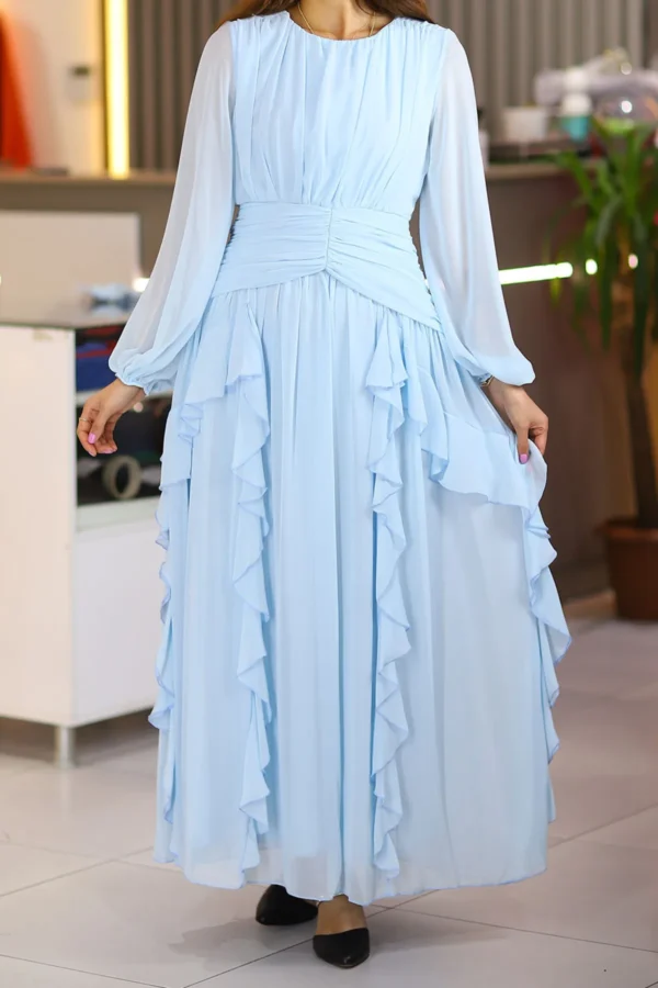 Bebe Mavi Uzun Kol Uzun Boy Fırfırlı Astarlı Şifon Abiye Düğün Nişan Mevlüt Isteme Söz Kloş Elbise