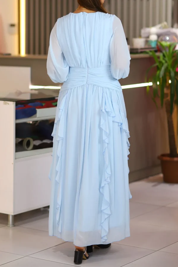 Bebe Mavi Uzun Kol Uzun Boy Fırfırlı Astarlı Şifon Abiye Düğün Nişan Mevlüt Isteme Söz Kloş Elbise