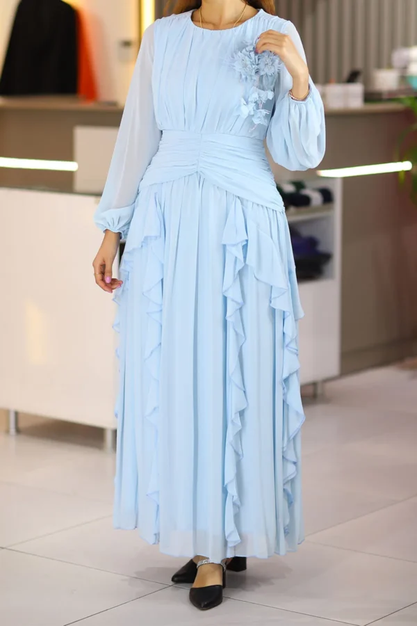 Bebe Mavi Uzun Kol Uzun Boy Fırfırlı Astarlı Şifon Abiye Düğün Nişan Mevlüt Isteme Söz Kloş Elbise