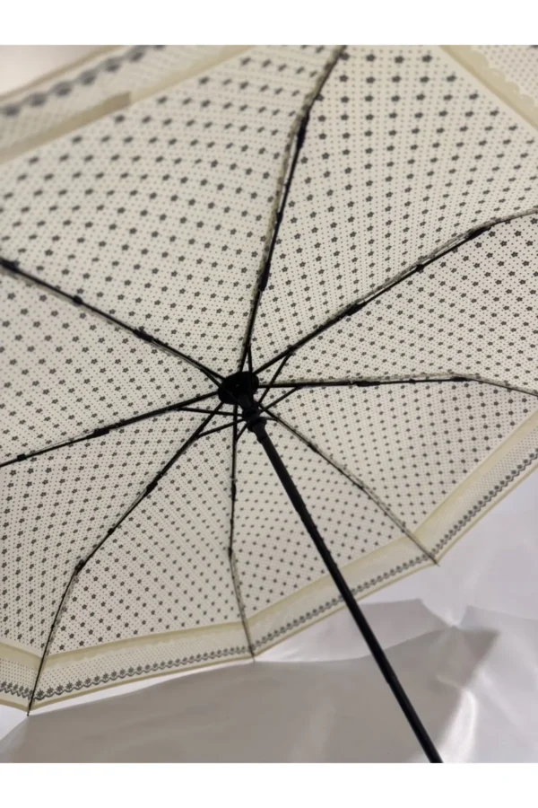 Bej 8 Telli Tam Otomatik Rüzgara Dayanıklı Desenli Şemsiye