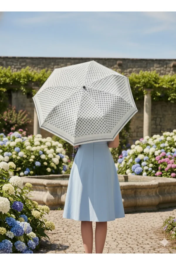 Bej 8 Telli Tam Otomatik Rüzgara Dayanıklı Desenli Şemsiye