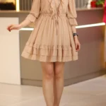 Bej Dantel Detay Fırfırlı Truvakar Kol Şifon Mini Kloş Elbise Düğün Kına Nişan Parti Ofis Günlük - pudra