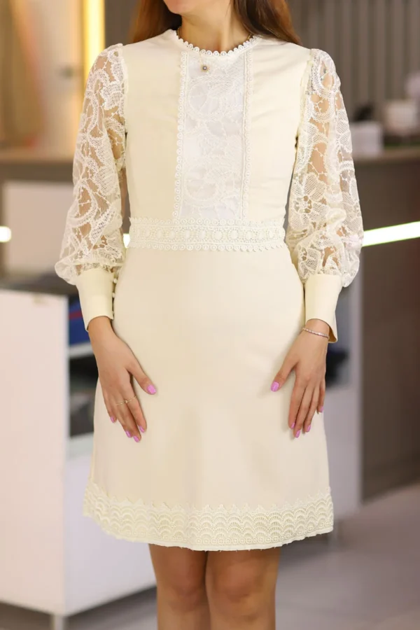 Bej Diz Üstü Boy Uzun Kol Dantel Detaylı Zarif Abiye Elbise Düğün Nişan Isteme Söz Mevlüt