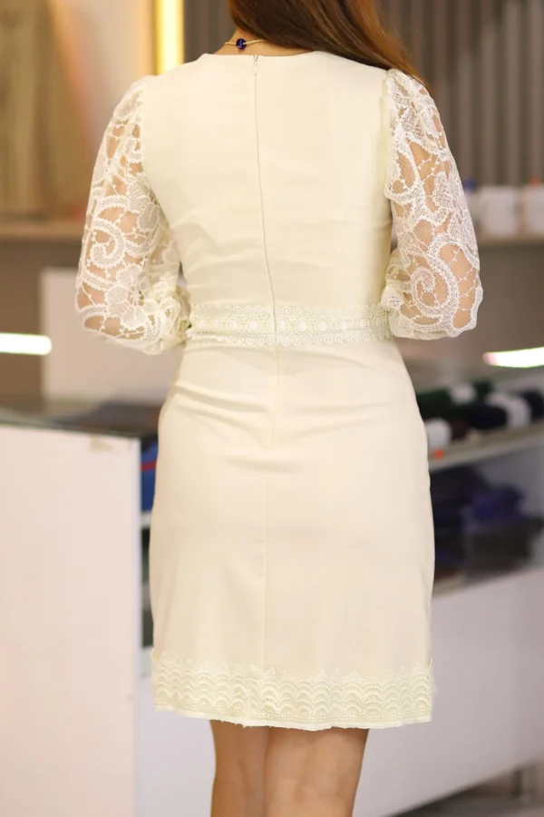 Bej Diz Üstü Boy Uzun Kol Dantel Detaylı Zarif Abiye Elbise Düğün Nişan Isteme Söz Mevlüt