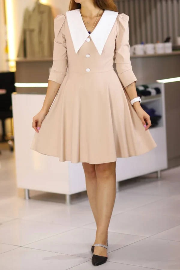Bej Sivri Yaka Kollu Düğme Detaylı Kısa Kloş Elbise Düğün Nişan Isteme Günlük Mezuniyet