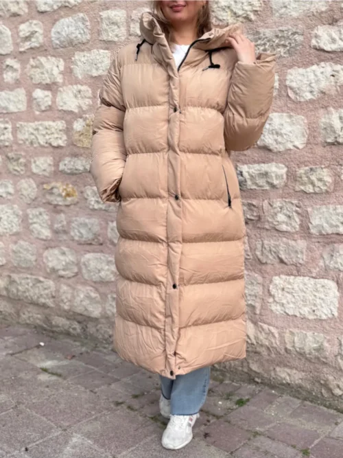 bej-uzun-boy-bagcikli-tesettur-sisme-mont Bej Uzun Boy Bağcıklı Tesettür Şişme Mont