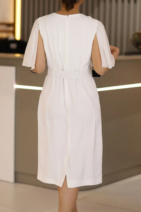 Beyaz Midi Boy Tül Kol Detaylı Büyük Beden Abiye Elbise Düğün Nikah İsteme Söz Mevlüt Elbise