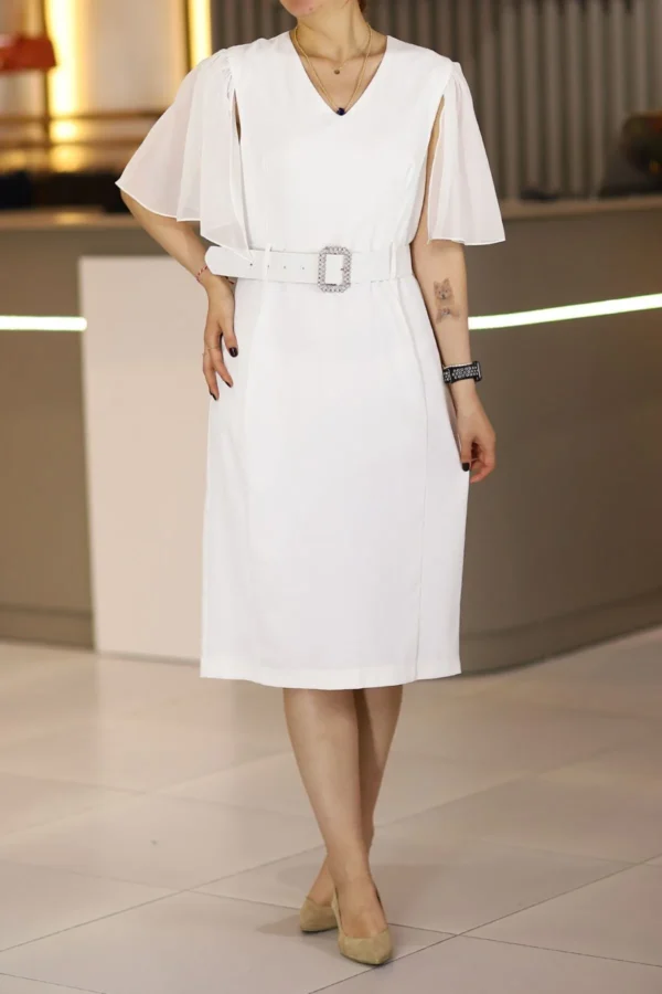 Beyaz Midi Boy Tül Kol Detaylı Büyük Beden Abiye Elbise Düğün Nikah İsteme Söz Mevlüt Elbise