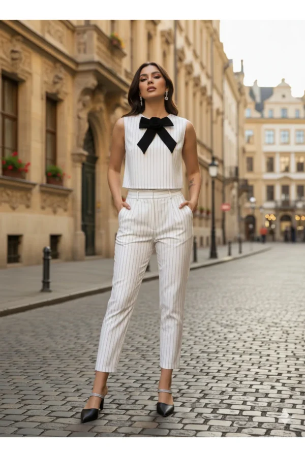 Beyaz Pantolon Crop Bluz Fiyonk Detaylı Çizgili İkili Takım