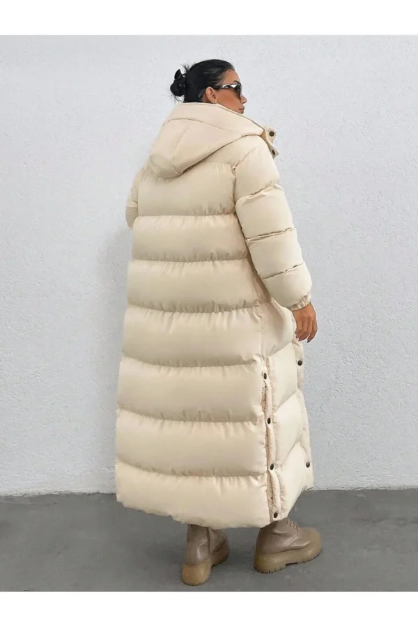 Ekru Uzun Boy Bağcıklı Şişme Mont Tesettür Uyuumlu