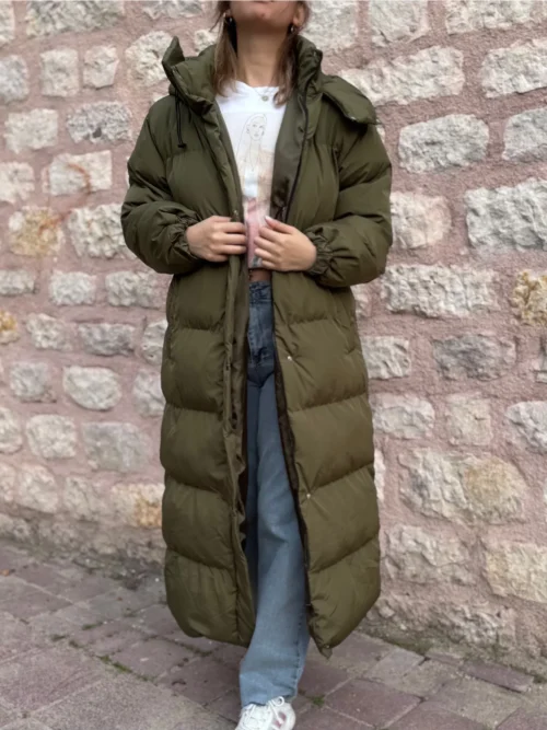 haki-midi-boy-kapusonlu-sisme-mont Haki Midi Boy Kapüşonlu Şişme Mont