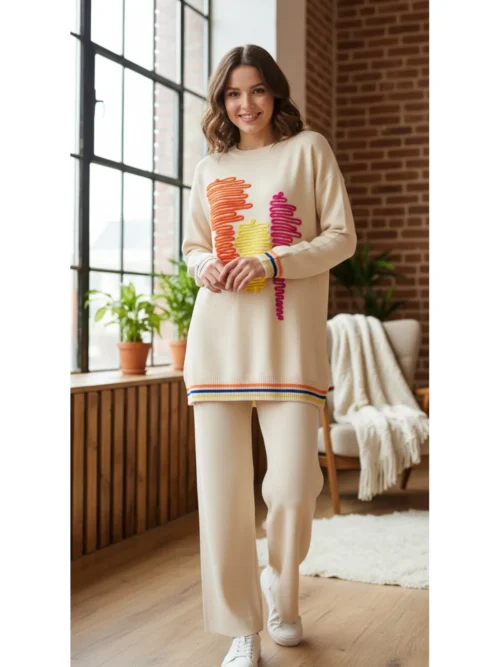 Kadın Bej Nakış Detaylı Triko Ikili Takım Günlük Spor Salaş