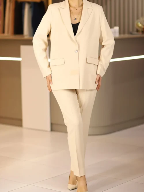 kadin-bej-tek-dugmeli-klasik-pantolon-ceket-takim-elbise Kadın Bej Tek Düğmeli Klasik Pantolon Ceket Takım Elbise