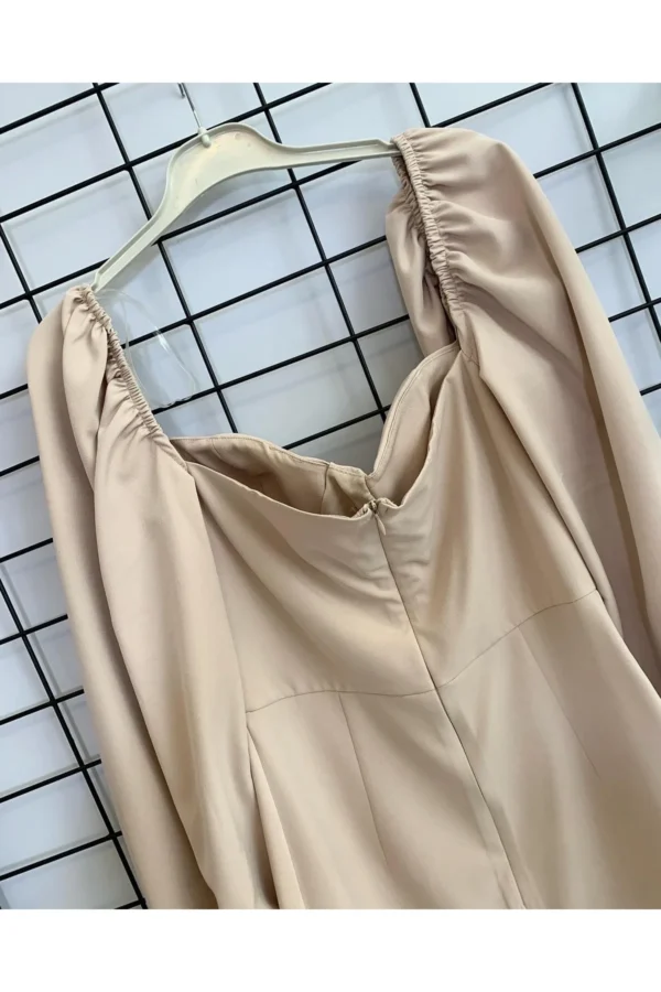 Kadın Bej Uzun Kol Düğme Detay Abiye Gece Parti Kısa Elbise