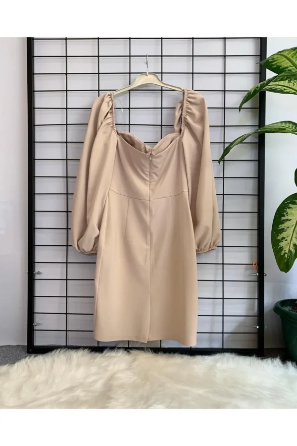 Kadın Bej Uzun Kol Düğme Detay Abiye Gece Parti Kısa Elbise