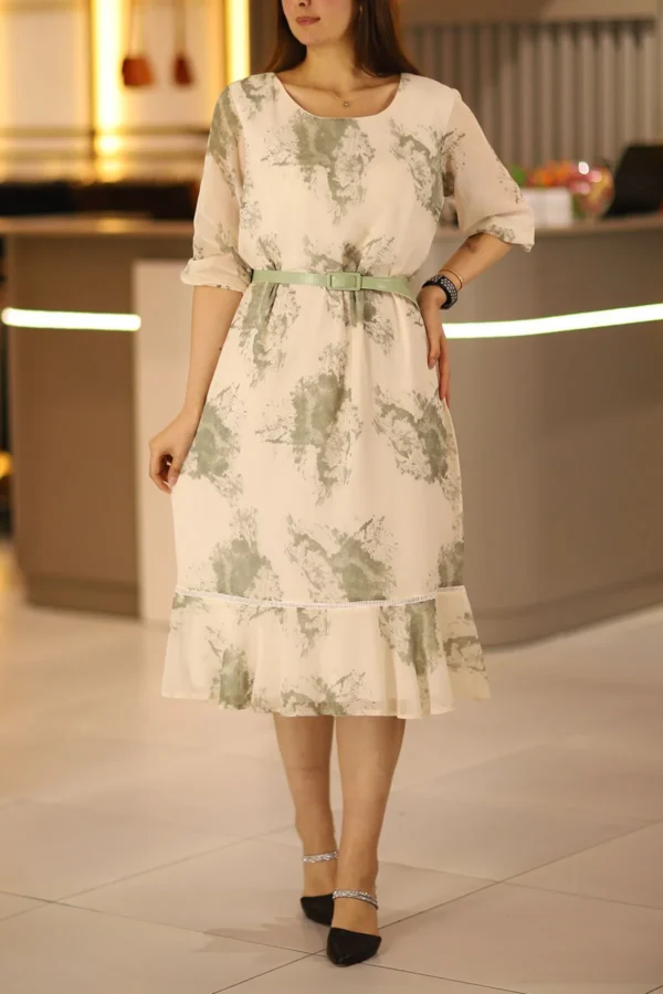 Kadın Bej Yeşil Midi Boy Truvakar Kol Büyük Beden Kemerli Şifon Anne Elbise Düğün Nişan Kına