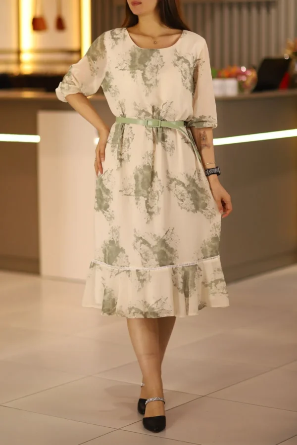 Kadın Bej Yeşil Midi Boy Truvakar Kol Büyük Beden Kemerli Şifon Anne Elbise Düğün Nişan Kına