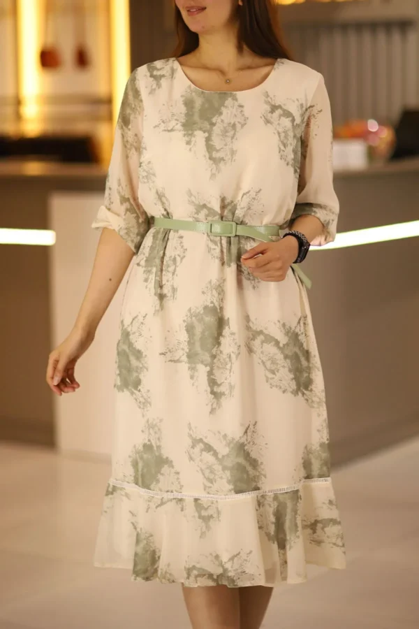 Kadın Bej Yeşil Midi Boy Truvakar Kol Büyük Beden Kemerli Şifon Anne Elbise Düğün Nişan Kına