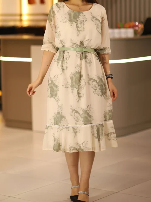 Kadın Bej Yeşil Midi Boy Truvakar Kol Büyük Beden Kemerli Şifon Anne Elbise Düğün Nişan Kına