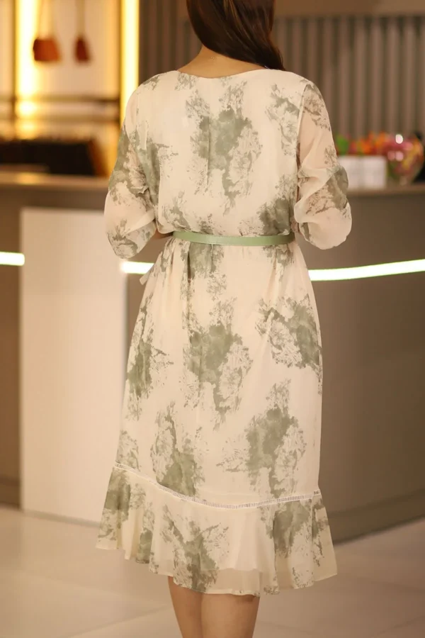 Kadın Bej Yeşil Midi Boy Truvakar Kol Büyük Beden Kemerli Şifon Anne Elbise Düğün Nişan Kına