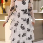 Kadın Beyaz Şal Desen Organze Kumaş Kat Kat Etekli Kuşaklı Tül Abiye Düğün Nişan Nikah Mevlüt Elbise - Beyaz