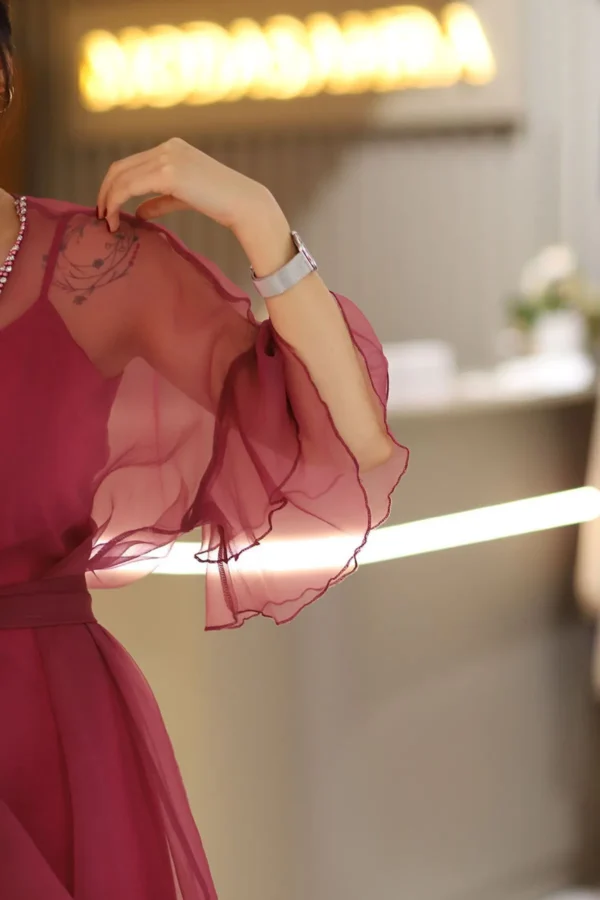 Kadın Bordo Taşlı Organze Kumaş Fırfırlı Kuşaklı Tül Abiye Düğün Nişan Nikah Mevlüt Elbise