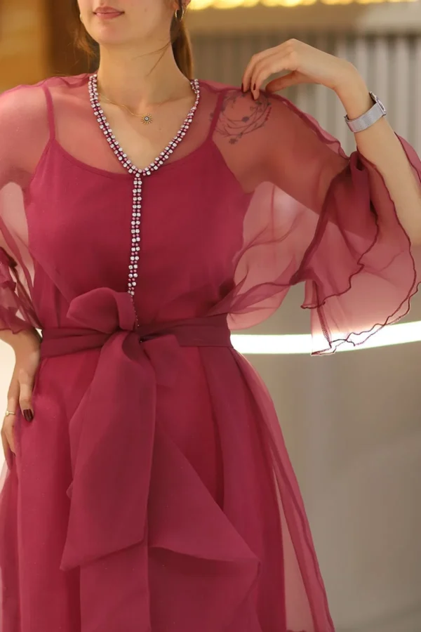 Kadın Bordo Taşlı Organze Kumaş Fırfırlı Kuşaklı Tül Abiye Düğün Nişan Nikah Mevlüt Elbise