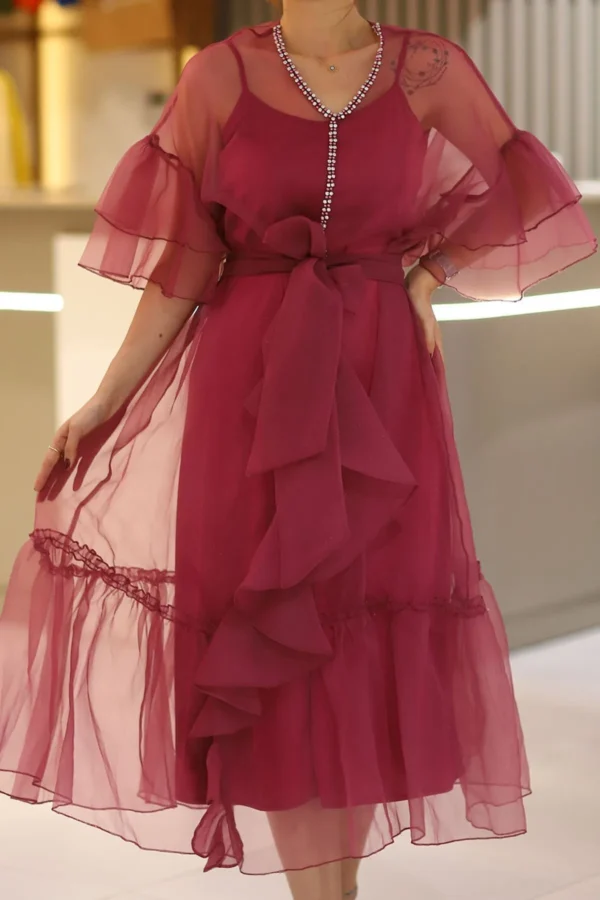 Kadın Bordo Taşlı Organze Kumaş Fırfırlı Kuşaklı Tül Abiye Düğün Nişan Nikah Mevlüt Elbise