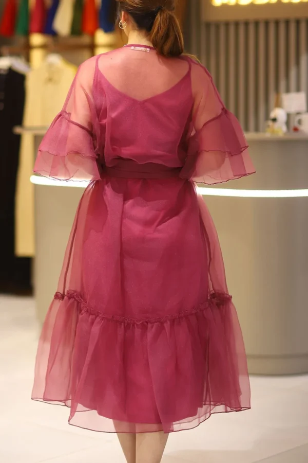 Kadın Bordo Taşlı Organze Kumaş Fırfırlı Kuşaklı Tül Abiye Düğün Nişan Nikah Mevlüt Elbise