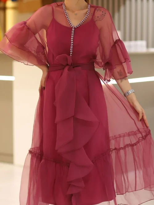 Kadın Bordo Taşlı Organze Kumaş Fırfırlı Kuşaklı Tül Abiye Düğün Nişan Nikah Mevlüt Elbise