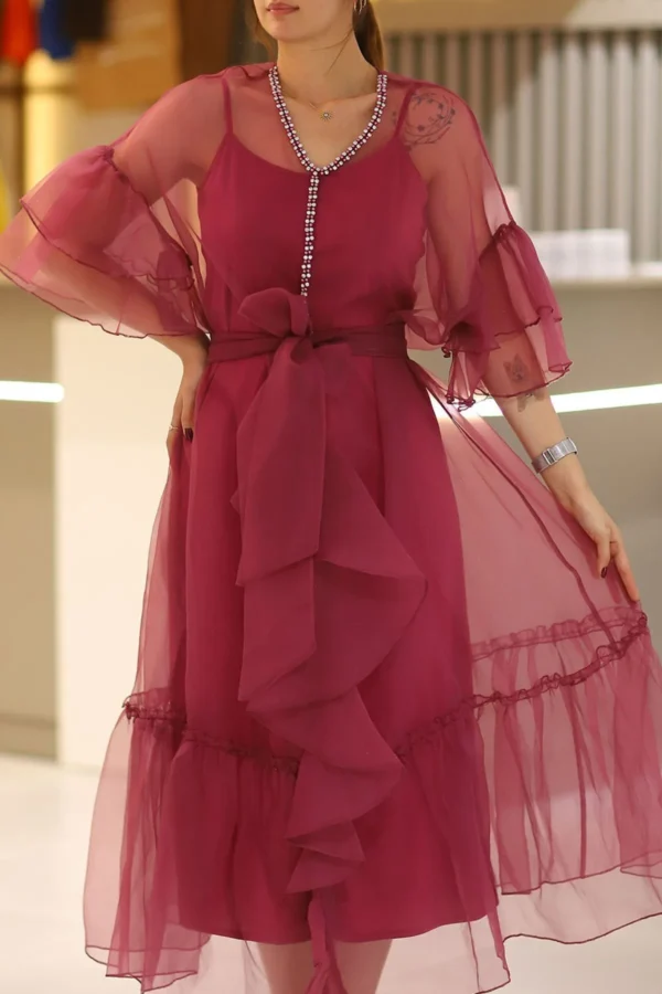Kadın Bordo Taşlı Organze Kumaş Fırfırlı Kuşaklı Tül Abiye Düğün Nişan Nikah Mevlüt Elbise