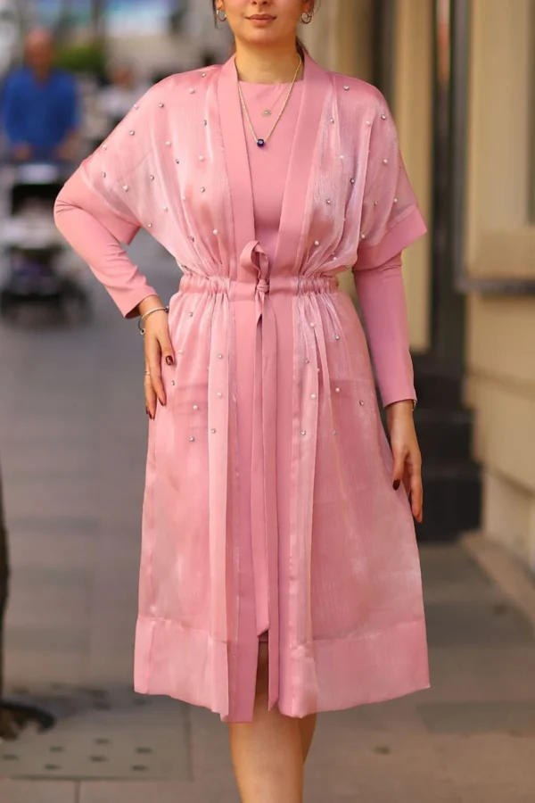 Kadın Dar Kalıp Pembe Taş Ve Şifon Detaylı Içli Dışlı Ikili Takım Abiye Elbise