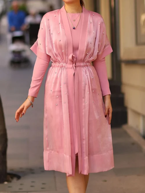 Kadın Dar Kalıp Pembe Taş Ve Şifon Detaylı Içli Dışlı Ikili Takım Abiye Elbise