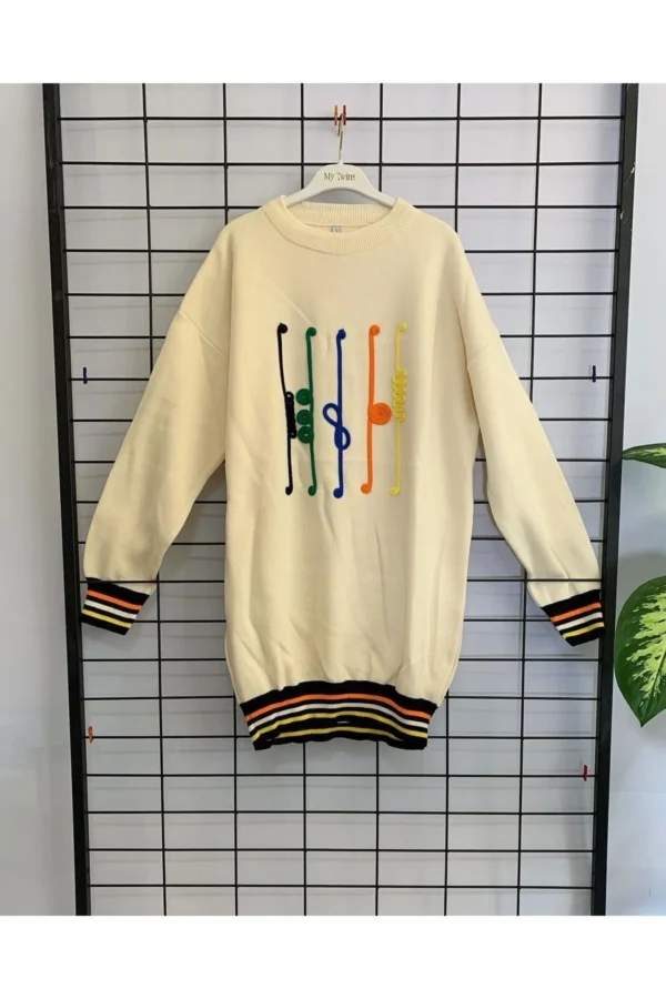 Kadın Ekru Siyah Nakış Detaylı Triko Ikili Takım Spor Günlük Salaş