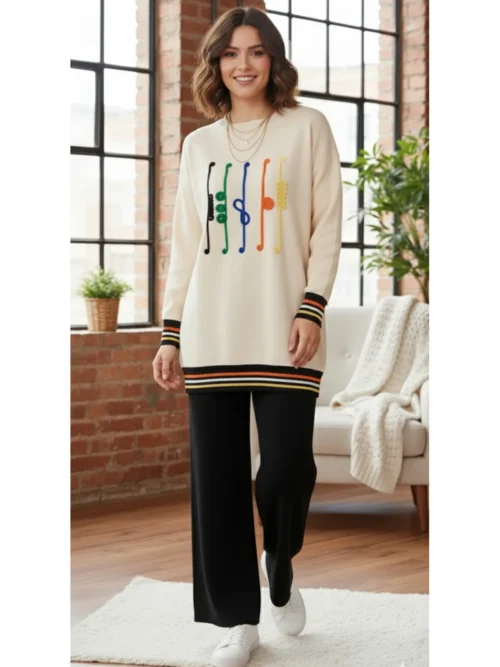 Kadın Ekru Siyah Nakış Detaylı Triko Ikili Takım Spor Günlük Salaş