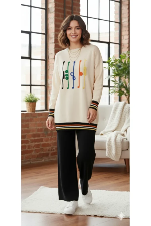 Kadın Ekru Siyah Nakış Detaylı Triko Ikili Takım Spor Günlük Salaş