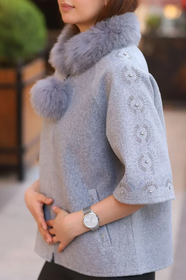 Kadın Gri Taş Ve Kürk Detay Kaşe Abiye Şık Kaban