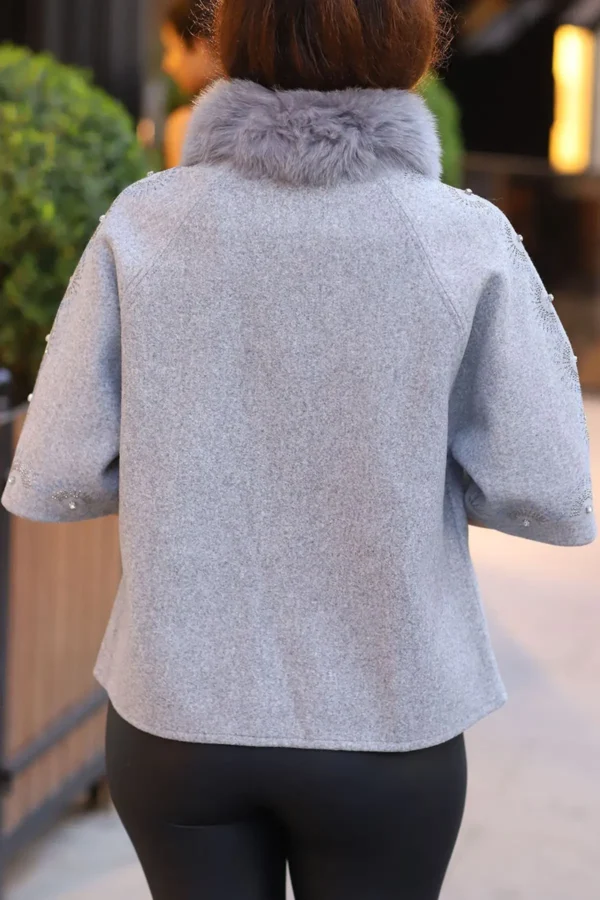 Kadın Gri Taş Ve Kürk Detay Kaşe Abiye Şık Kaban