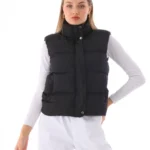 Kadın Kapüşonlu Kısa Şişme Yelek - Siyah