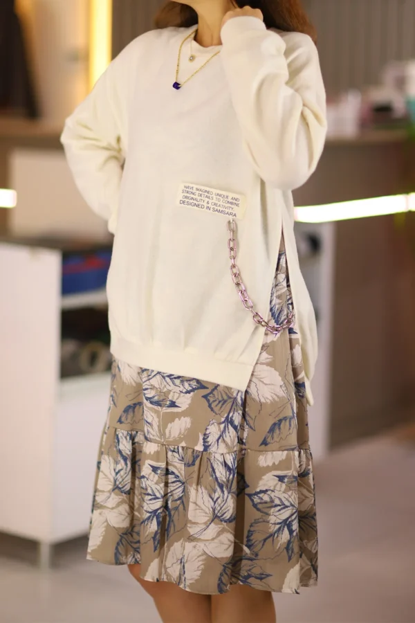 Kadın Krem Midi Boy Çiçek Desen Zincir Detaylı Triko Kazaklı Kolsuz Kloş Büyük Beden Elbise