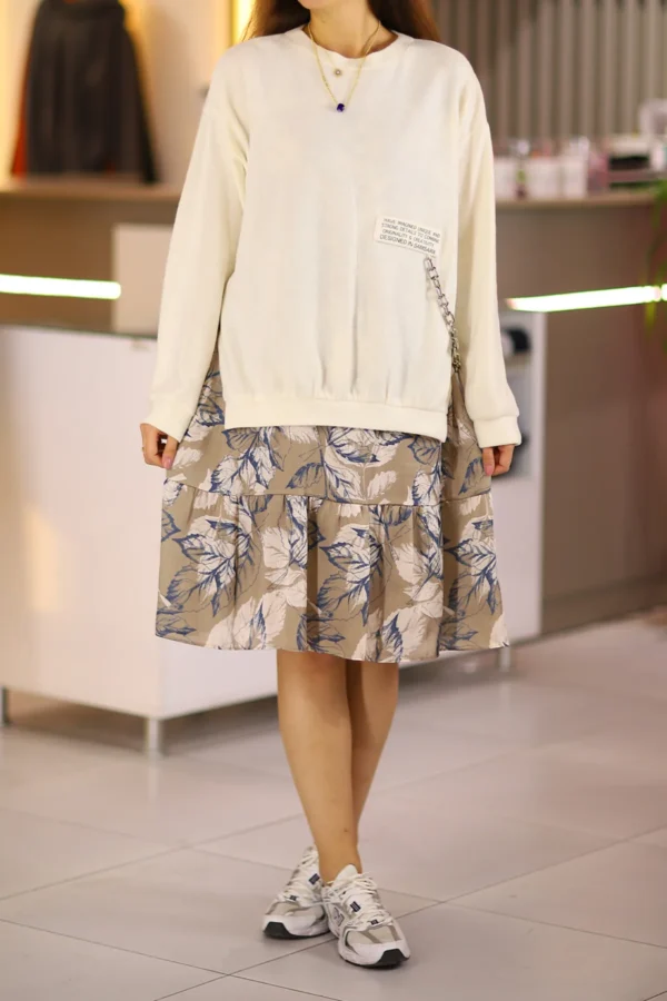 Kadın Krem Midi Boy Çiçek Desen Zincir Detaylı Triko Kazaklı Kolsuz Kloş Büyük Beden Elbise