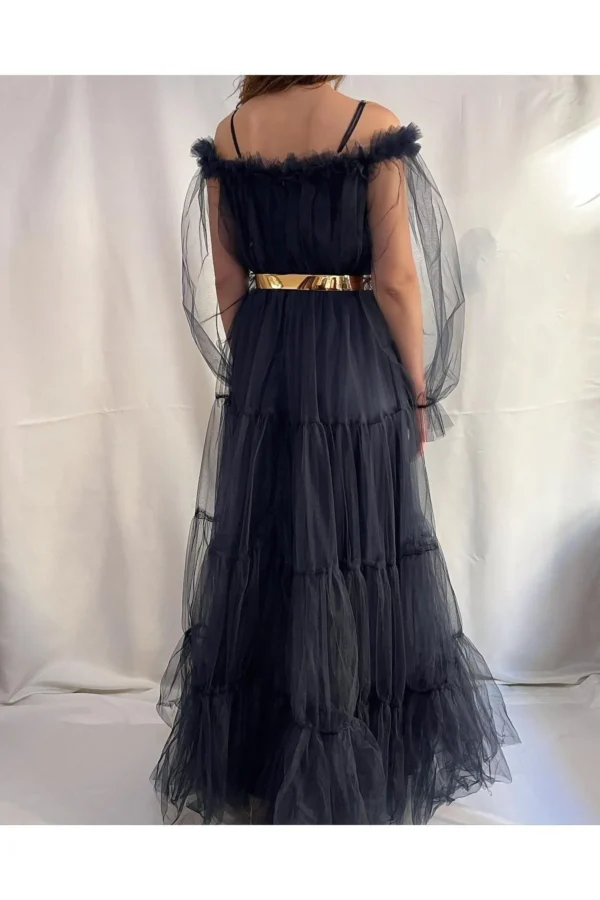 Kadın Lacivert Tamamı Tül Uzun Boy Uzun Kol Düğün Nişan Kına Isteme Davet Abiye Elbise